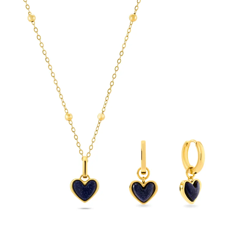 Midnight Blue Heart Necklace & Huggie Earrings Set (Gold) made by Abbott Lyon