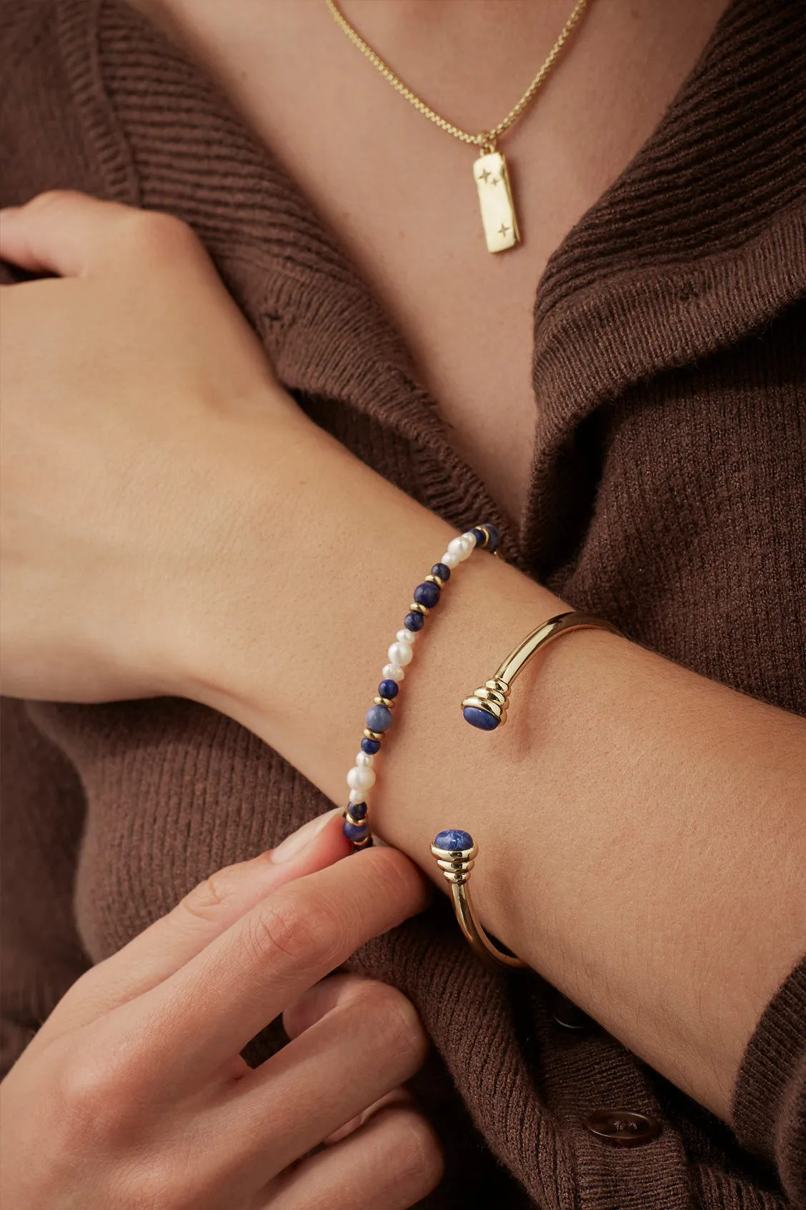 Lapis Lazuli and Pearl Beaded T-Bar Bracelet sold by Estella Bartlett product image thumbnail 2