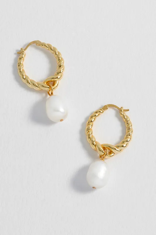 Graduating Twist Pearl Drop Hoop Earrings sold by Estella Bartlett