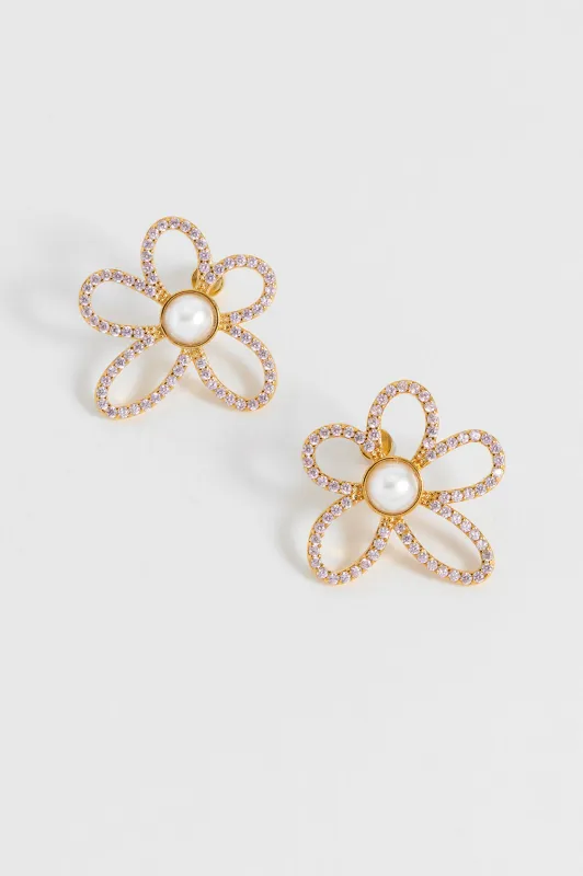 Pink Tennis Chain and Pearl Flower Earrings sold by Estella Bartlett