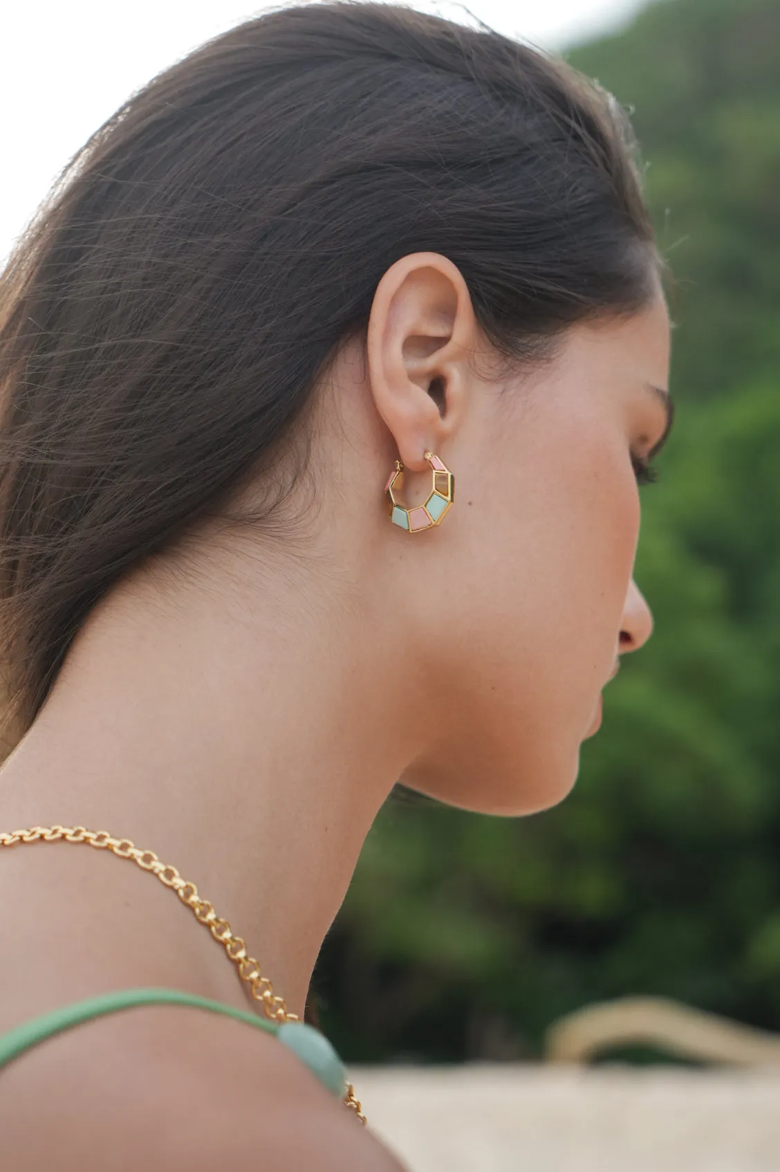 Mixed Gemstone Octagon Hinge Hoop Earrings sold by Estella Bartlett product image thumbnail 5