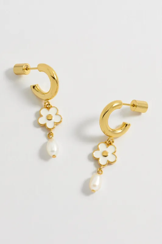 Enamel Flower Pearl Drop Hoops sold by Estella Bartlett