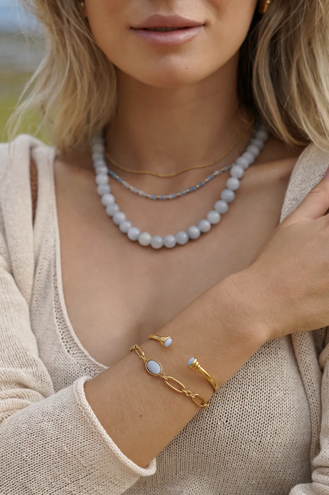 Blue Quartz Cabochon Open Bangle sold by Estella Bartlett product image thumbnail 2