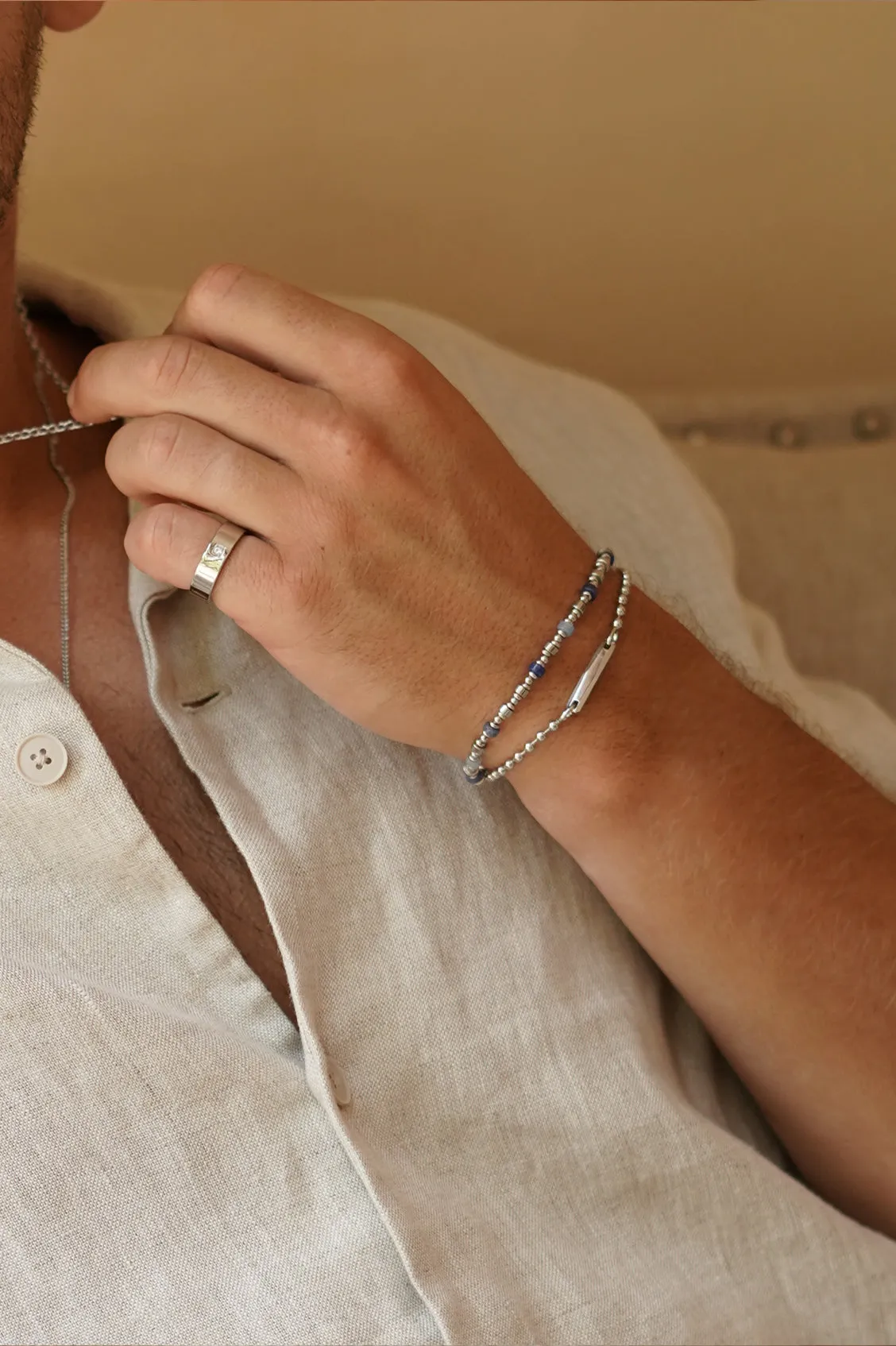 Men's Black and Blue Gemstone Rondelle Stretch Bracelet sold by Estella Bartlett product image thumbnail 2