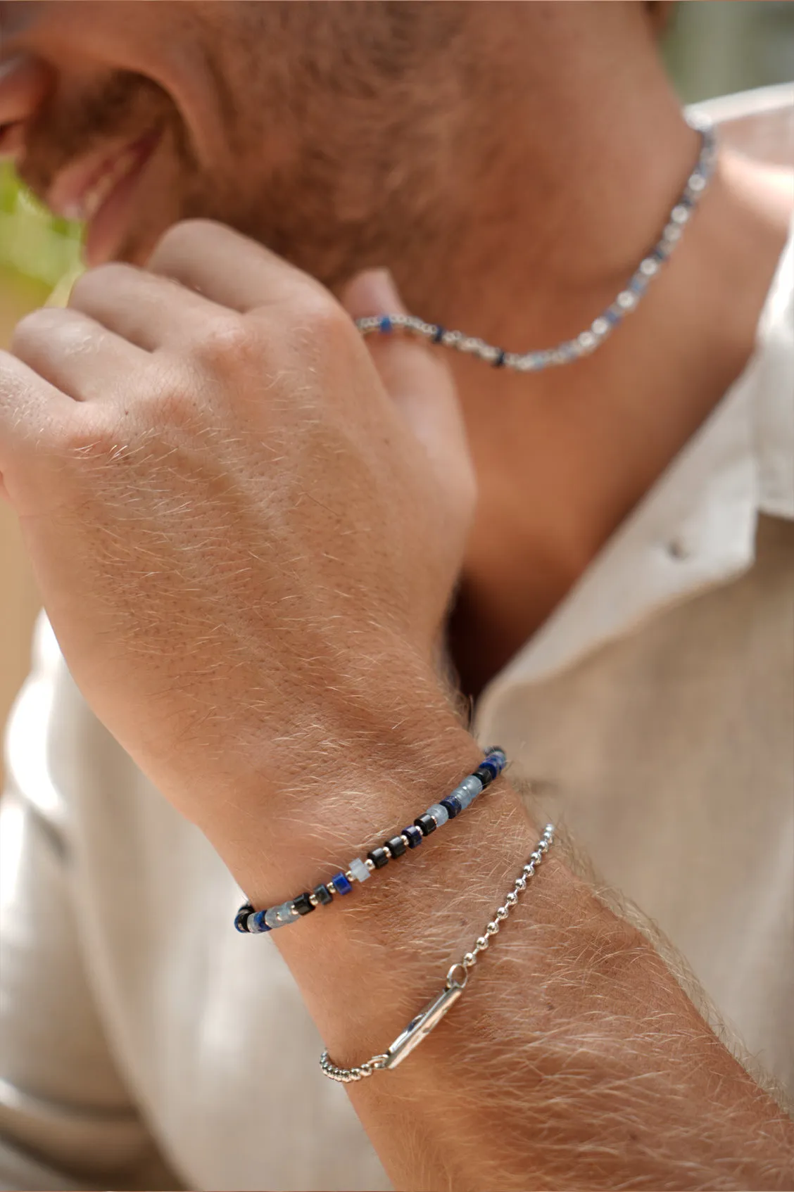 Men's Black and Blue Gemstone Rondelle Stretch Bracelet sold by Estella Bartlett product image thumbnail 3