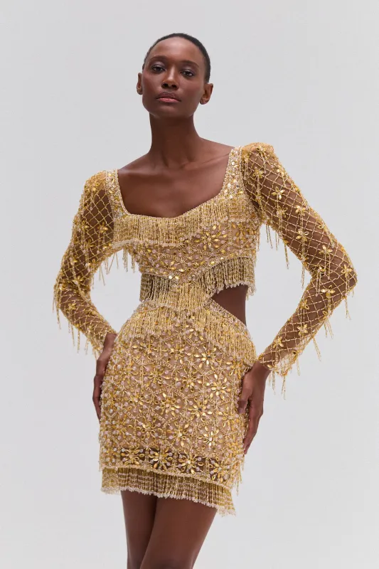 CRYSTAL EMBROIDERY LONG SLEEVE MINI DRESS sold by PatBO