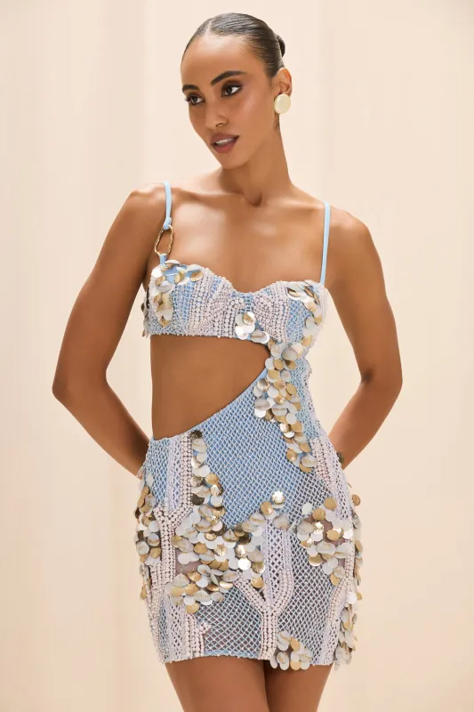 SEASHELL EMBROIDERY CUT OUT MINI DRESS sold by PatBO