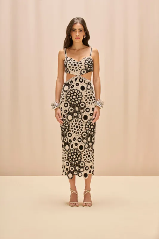 CORAL CROCHET CUTOUT MIDI DRESS sold by PatBO