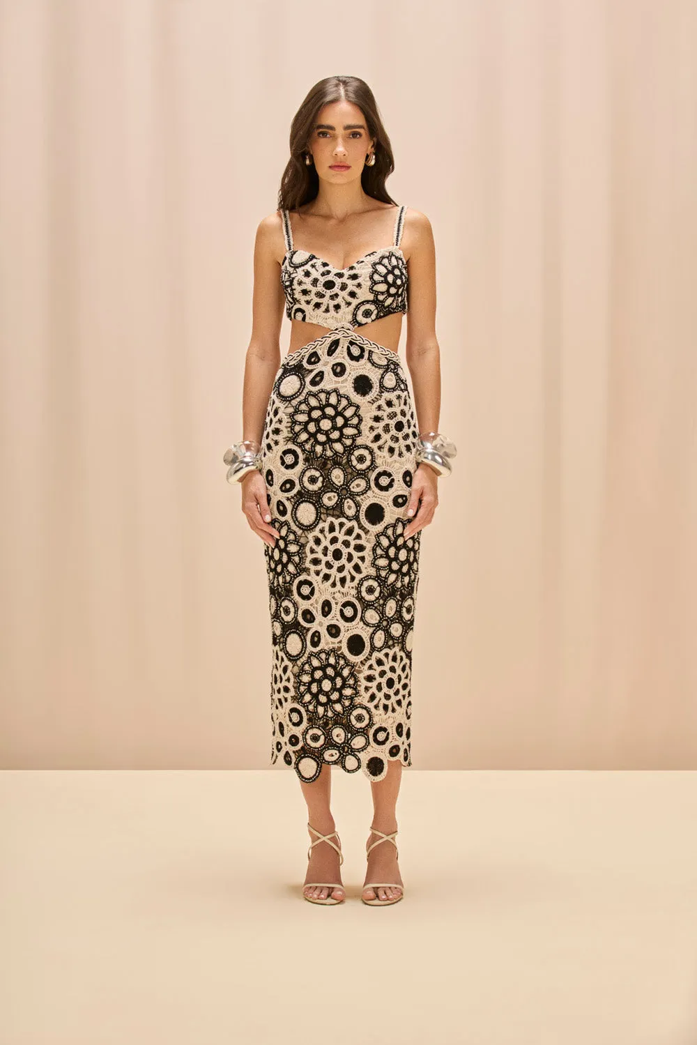 CORAL CROCHET CUTOUT MIDI DRESS sold by PatBO