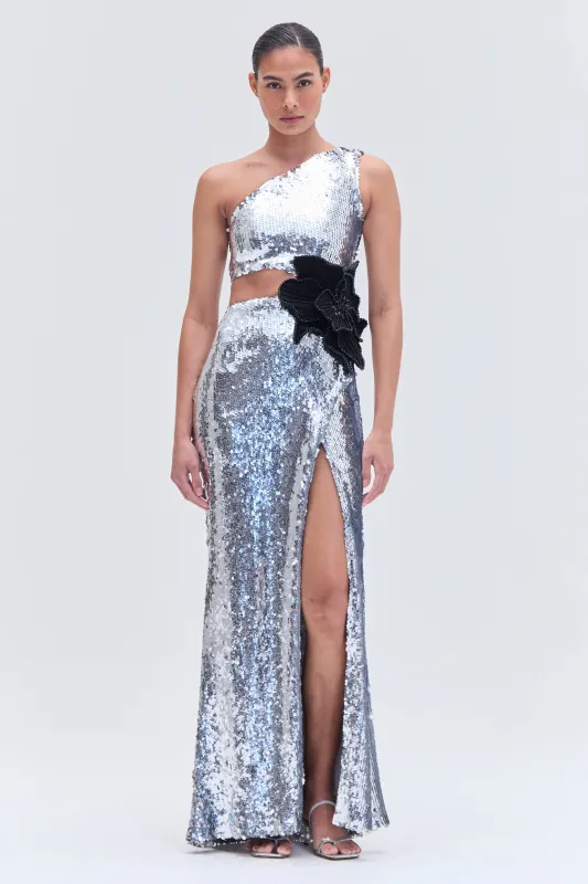 SILVER SEQUIN ONE SHOULDER GOWN sold by PatBO