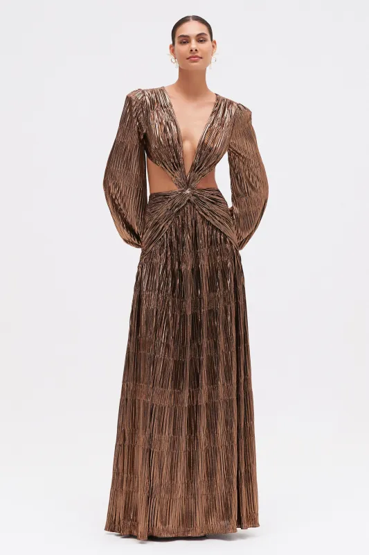 METALLIC PLISSE CUT OUT GOWN sold by PatBO