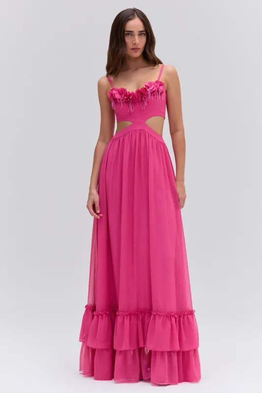 SILK PLISSE FLOWER APPLIQUE LONG DRESS sold by PatBO