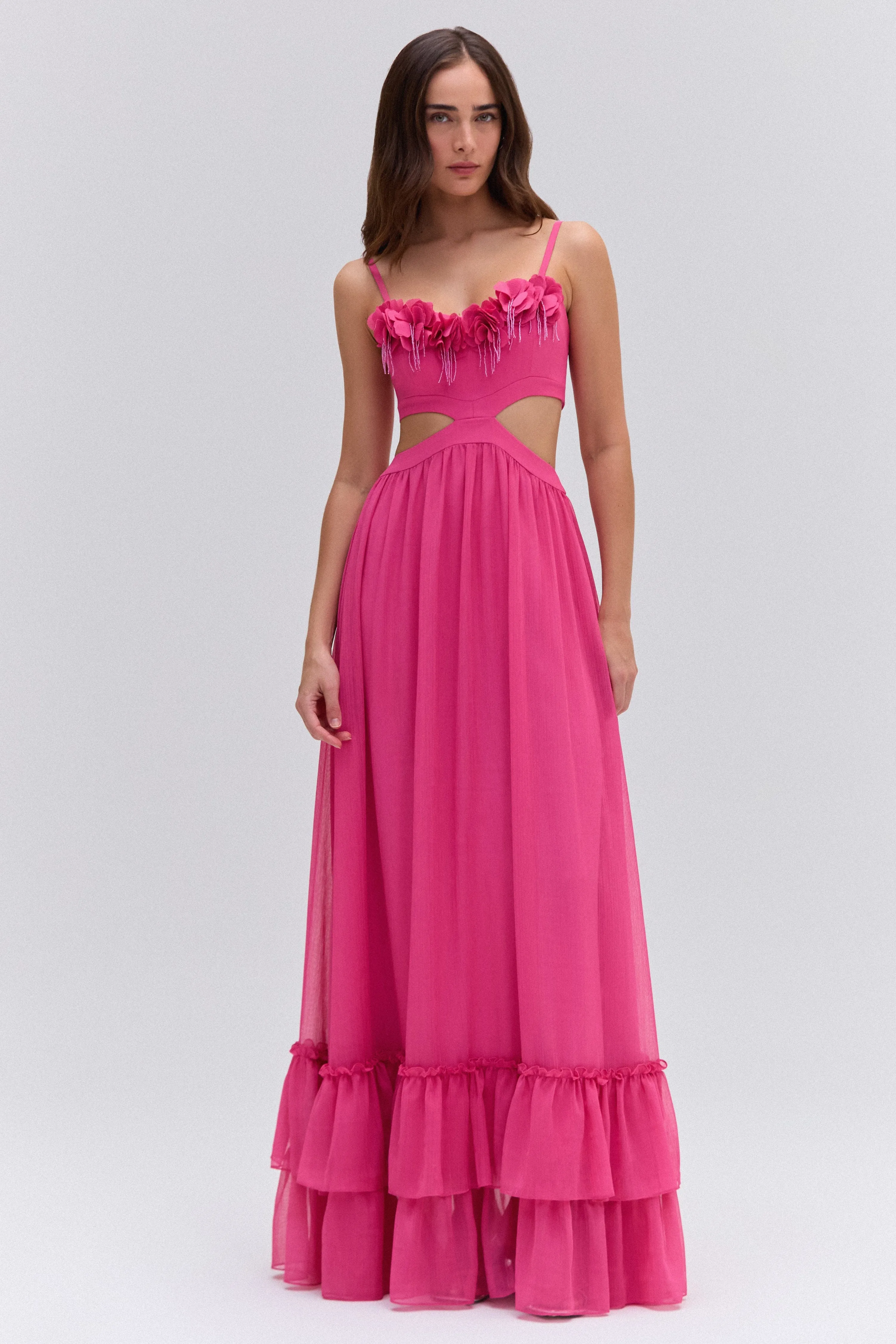 SILK PLISSE FLOWER APPLIQUE LONG DRESS sold by PatBO