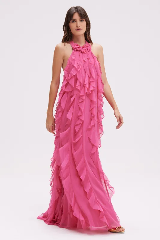 SILK PLISSE LONG DRESS HALTERNECK FLORAL COLLAR sold by PatBO