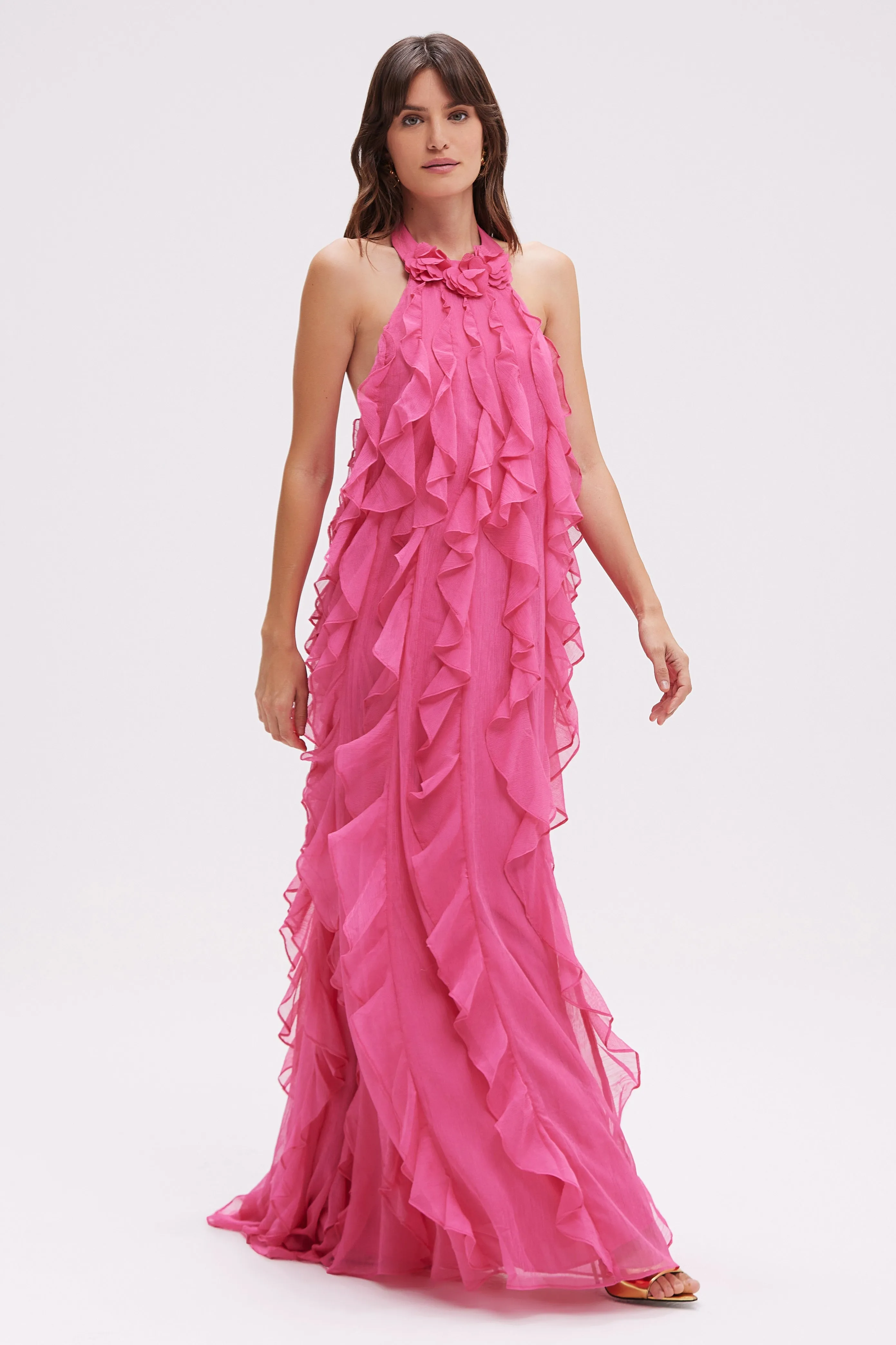 SILK PLISSE LONG DRESS HALTERNECK FLORAL COLLAR sold by PatBO