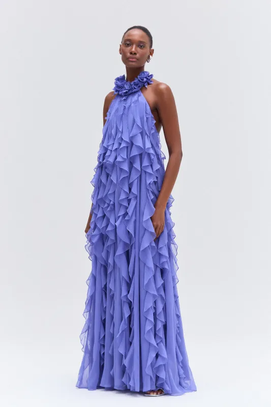 SILK PLISSE LONG DRESS HALTERNECK FLORAL COLLAR sold by PatBO