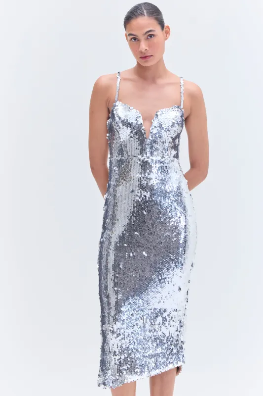 SILVER SEQUIN MIDI DRESS sold by PatBO