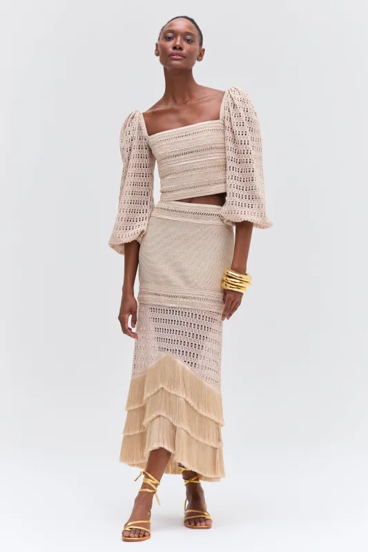 LUREX KNIT AND FRINGE LONG SKIRT sold by PatBO