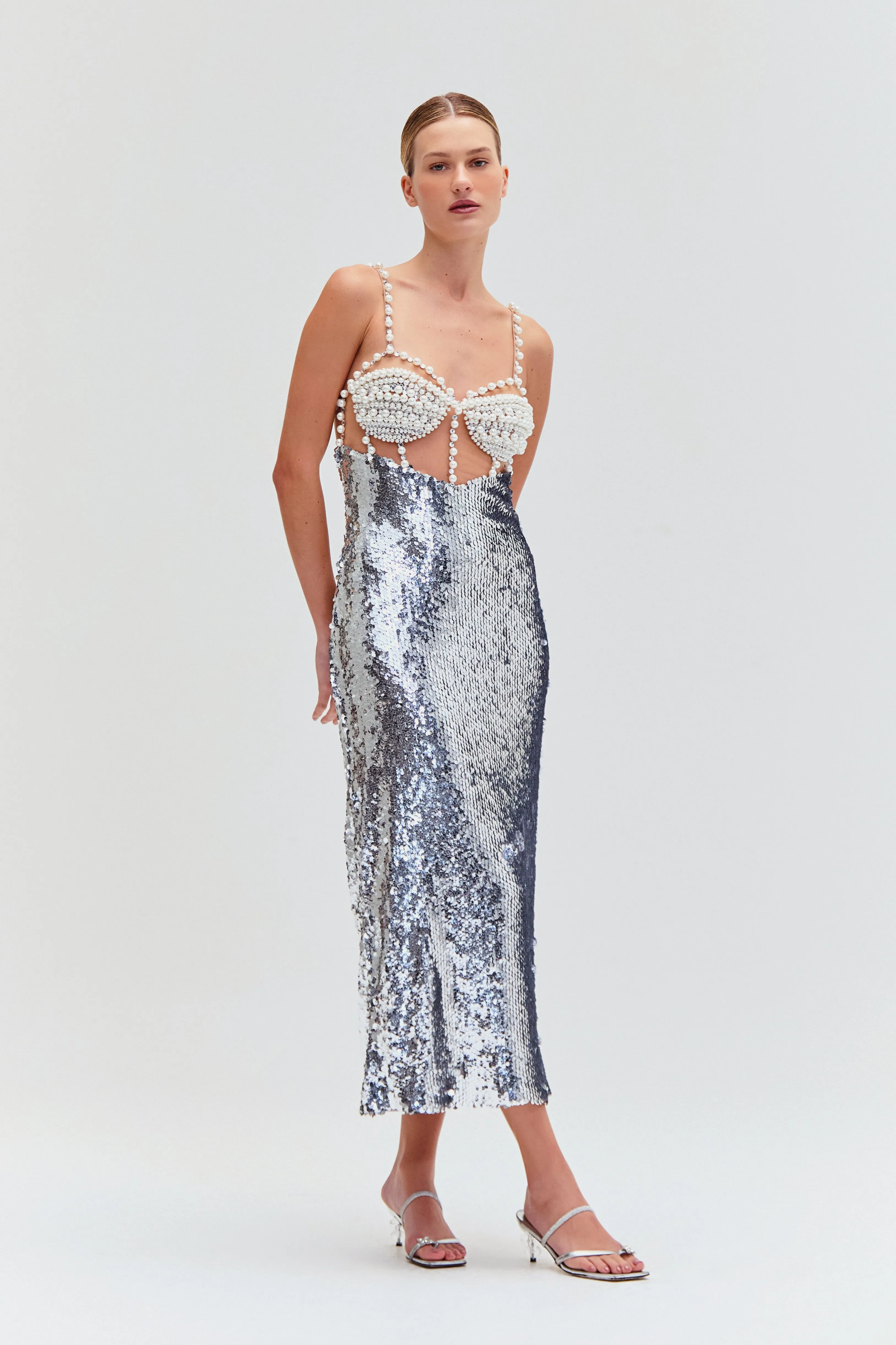 SILVER SEQUIN BEADED MIDI DRESS sold by PatBO