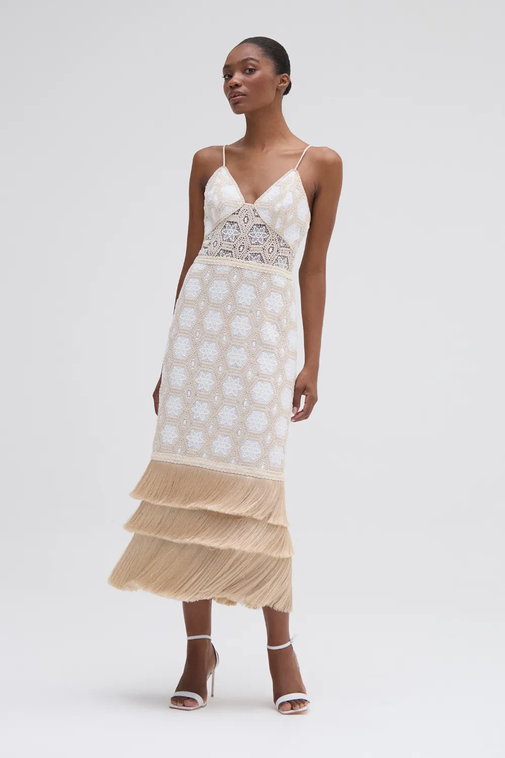 NATURAL CROCHET PLUNGE MIDI DRESS sold by PatBO
