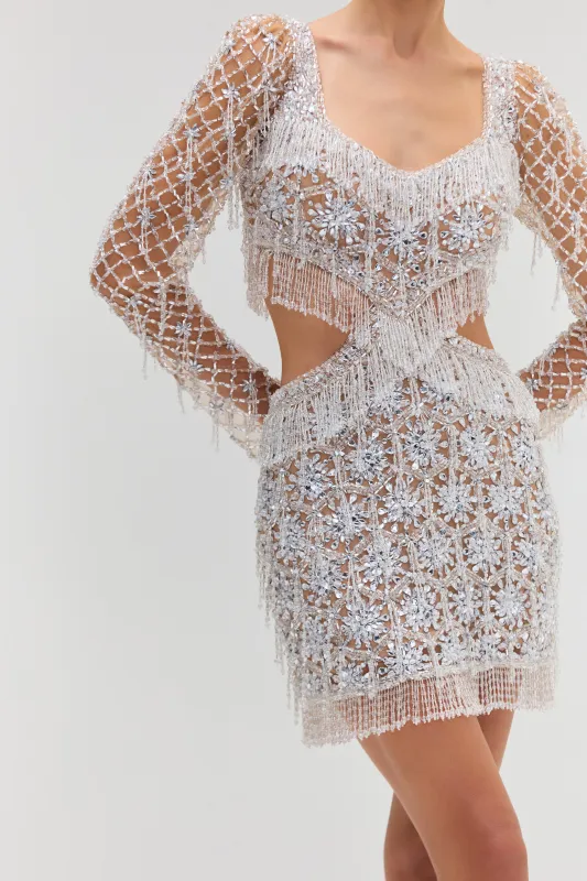 CRYSTAL EMBROIDERY LONG SLEEVE MINI DRESS sold by PatBO