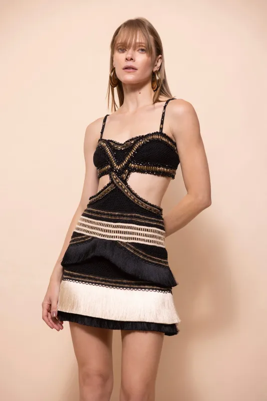 Rita Fringe Cut-Out Mini Dress sold by PatBO