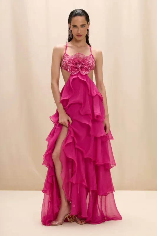 CHIFFON CARMEN LOTUS MAXI DRESS made by PatBO