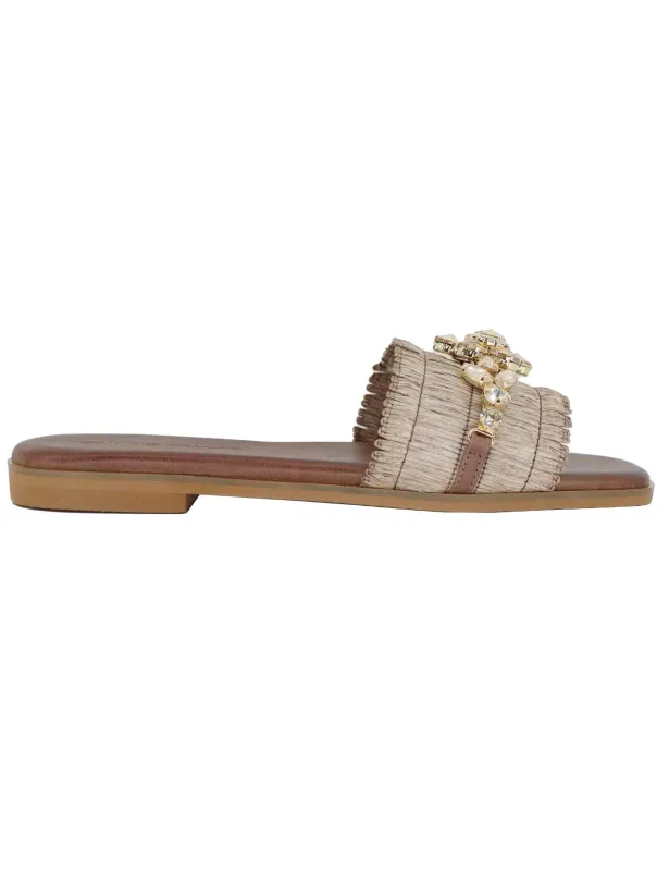 Sandali flat donna in tessuto beige con gioiello Donna U41005891284 589 made by Spatarella