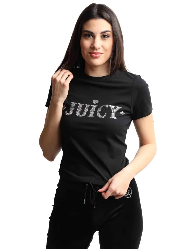 T-shirts donna Ryder Rodeo in cotone nero a girocollo con strass Donna VEJB70316WJC J00 made by Juicy Couture