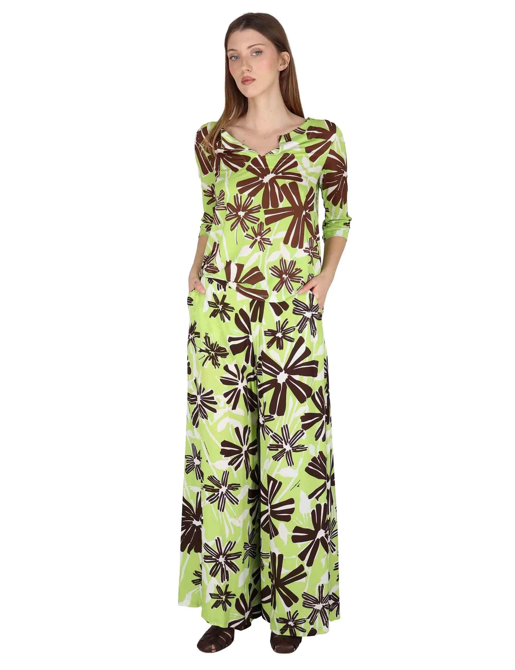 Pantaloni Palazzo Trousers in viscosa verde floreal Donna JABPN0001-F1090-1244 7046 sold by Spatarella