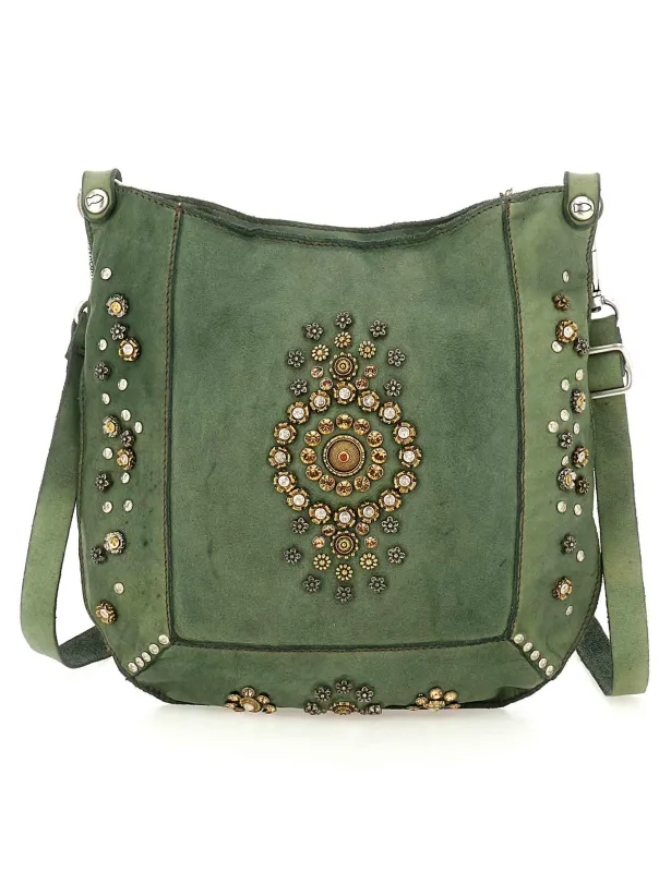 Borse Nora in pelle verde con borchie e tracolla Donna C035340ND X3037 C3038 made by Campomaggi