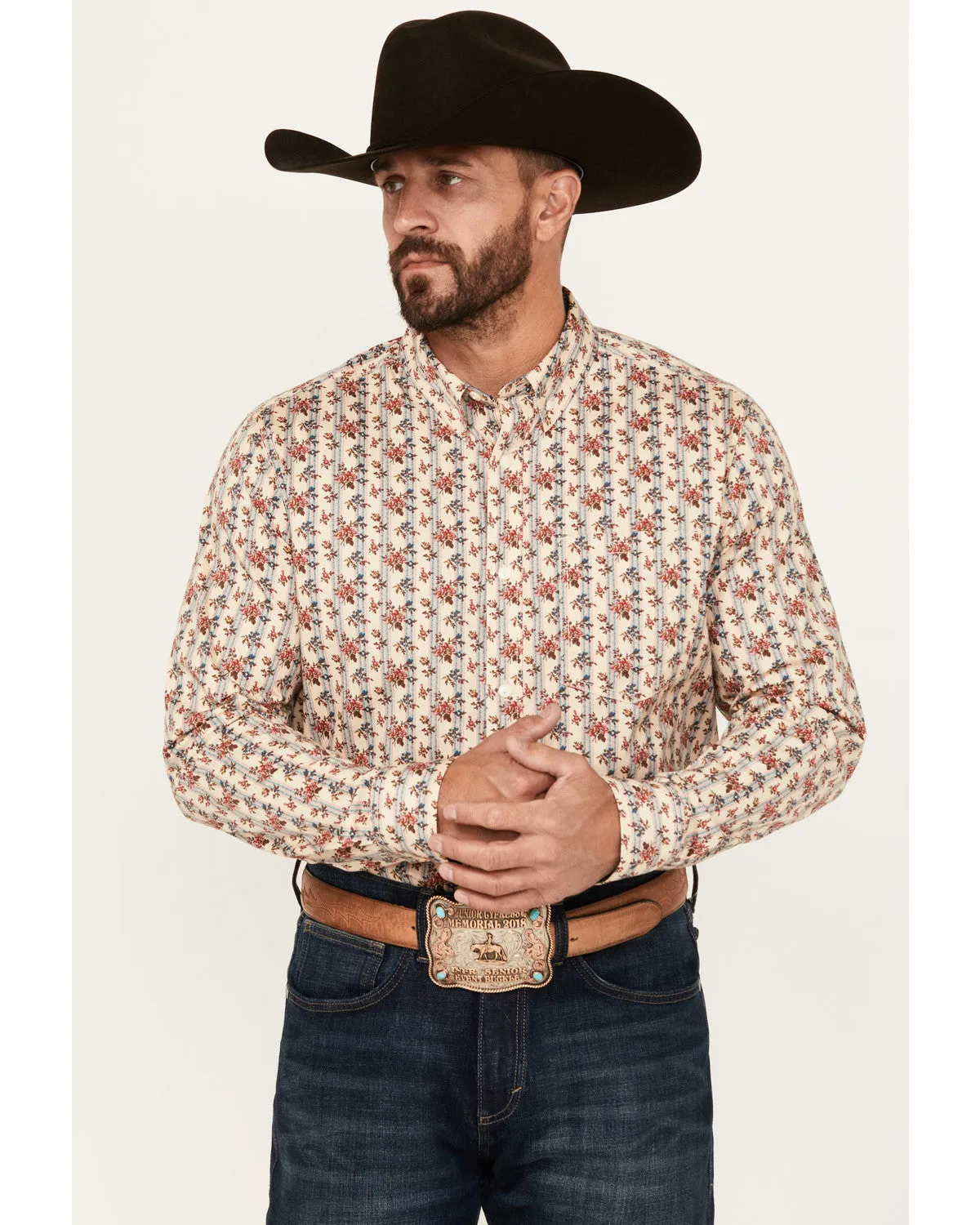 Cody James Men's Kenton Floral Striped Long Sleeve Button-Down Stretch Western Shirt sold by Cody James