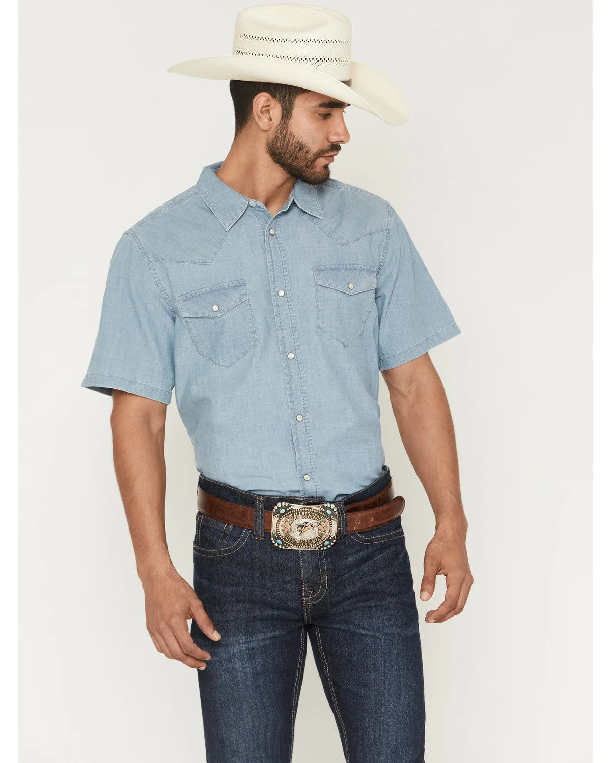 Cody James Men's Horizon Chambray Light Wash Short Sleeve Snap Western Shirt sold by Cody James