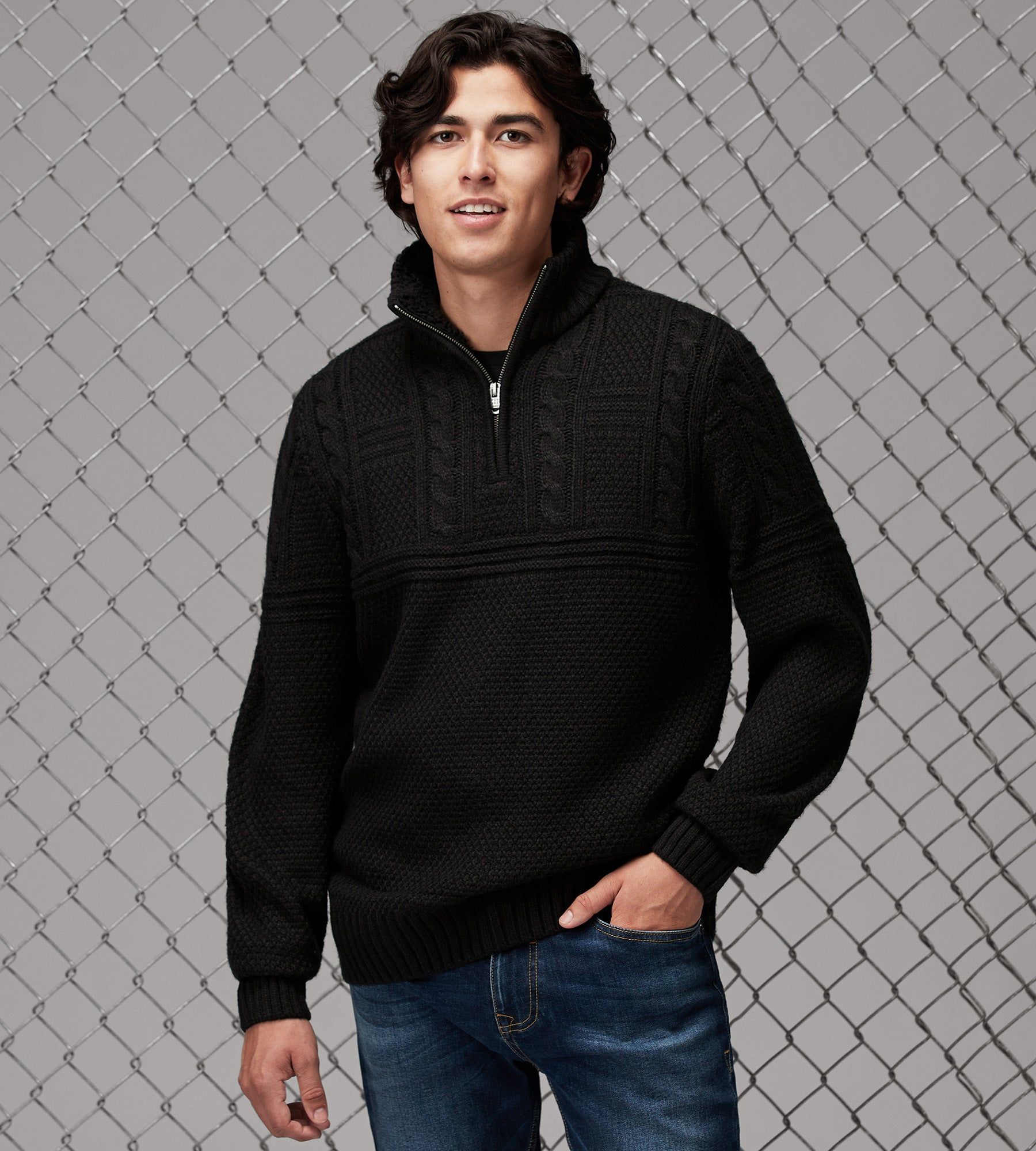 Modern Fit Quarter-Zip Mock Neck Sherpa-Lined-Collar Sweater sold by Tip Top