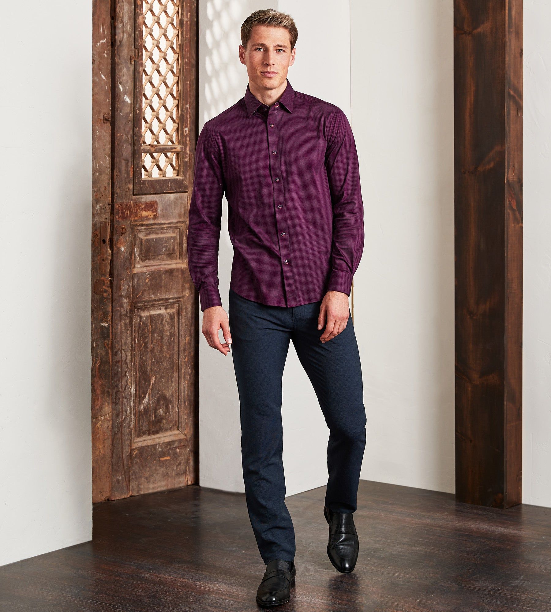 Modern Fit Long Sleeve 360° Stretch Houndstooth Textured Print Sport Shirt sold by Tip Top product image thumbnail 3