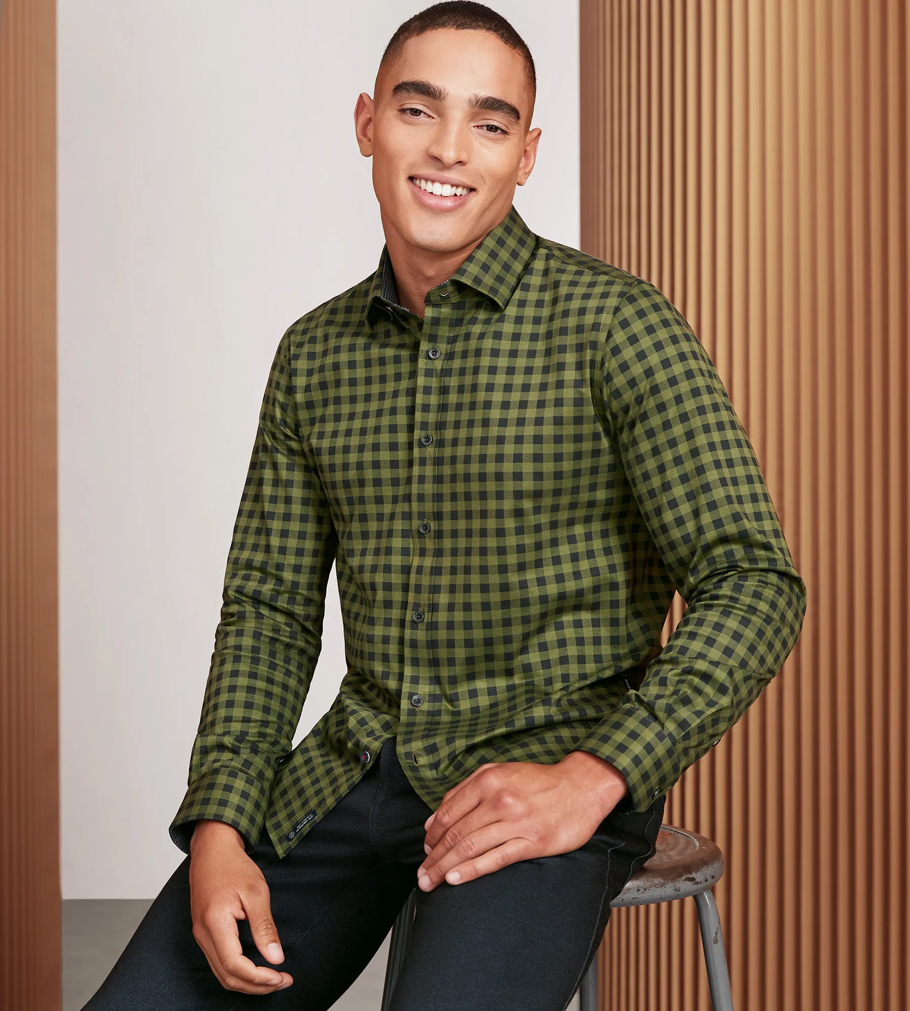 Modern Fit 360 Stretch Long Sleeve Plaid Printed Sport Shirt sold by Tip Top