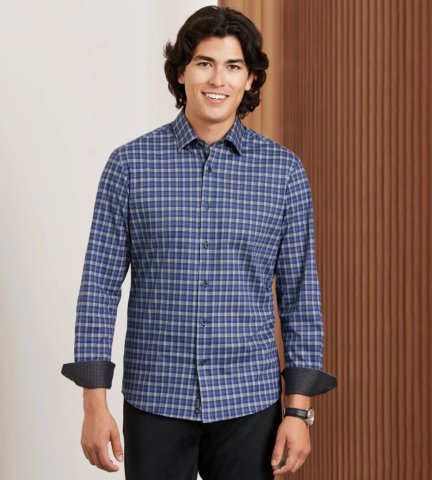 Modern Fit 360 Stretch Long Sleeve Plaid Printed Sport Shirt sold by Tip Top
