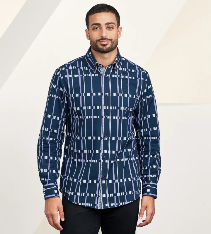 Modern Fit Long Sleeve Double-Collar Geo Pattern Sport Shirt sold by Tip Top