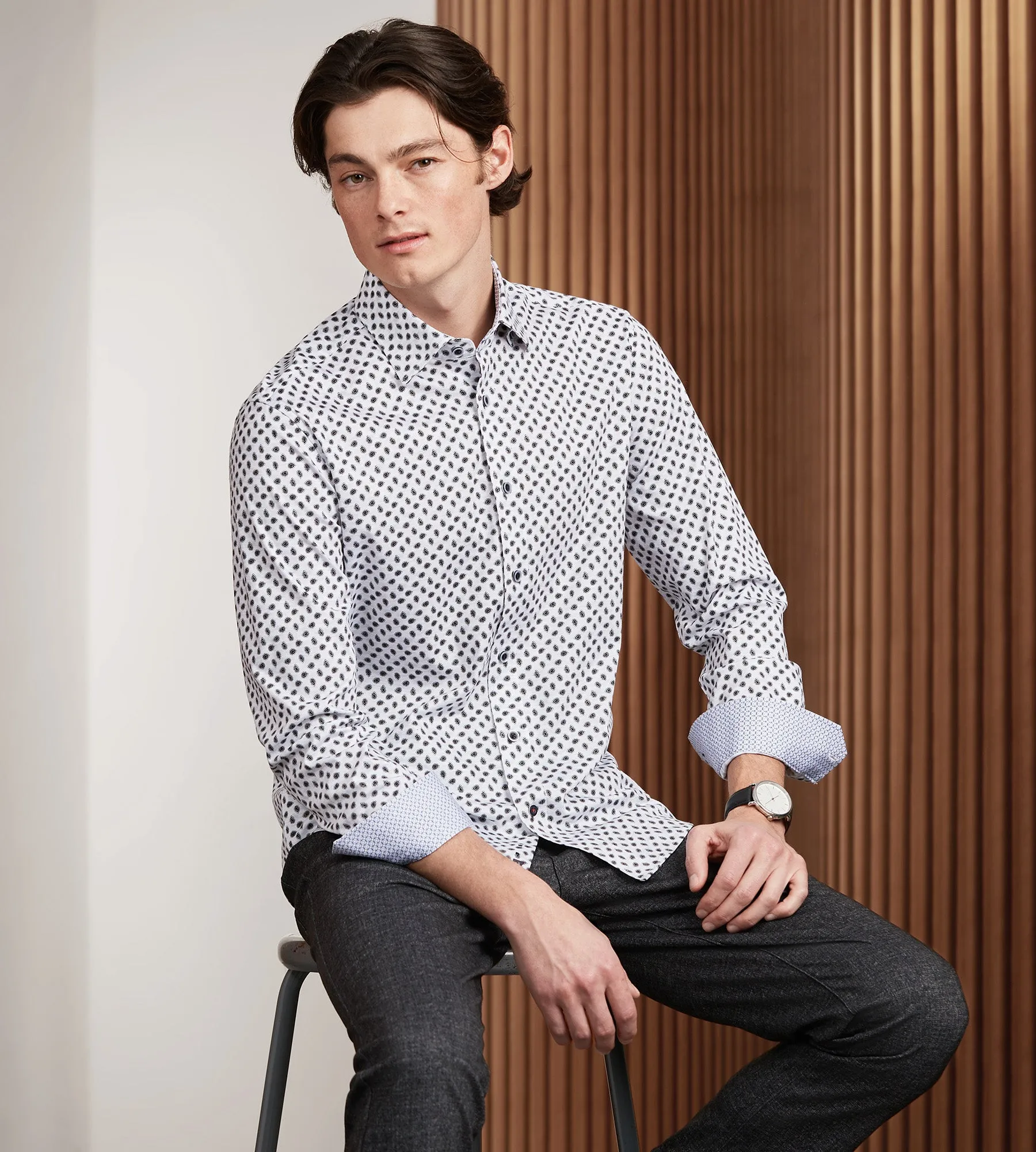 Modern Fit 360 Stretch Long Sleeve Paisley Printed Sport Shirt sold by Tip Top