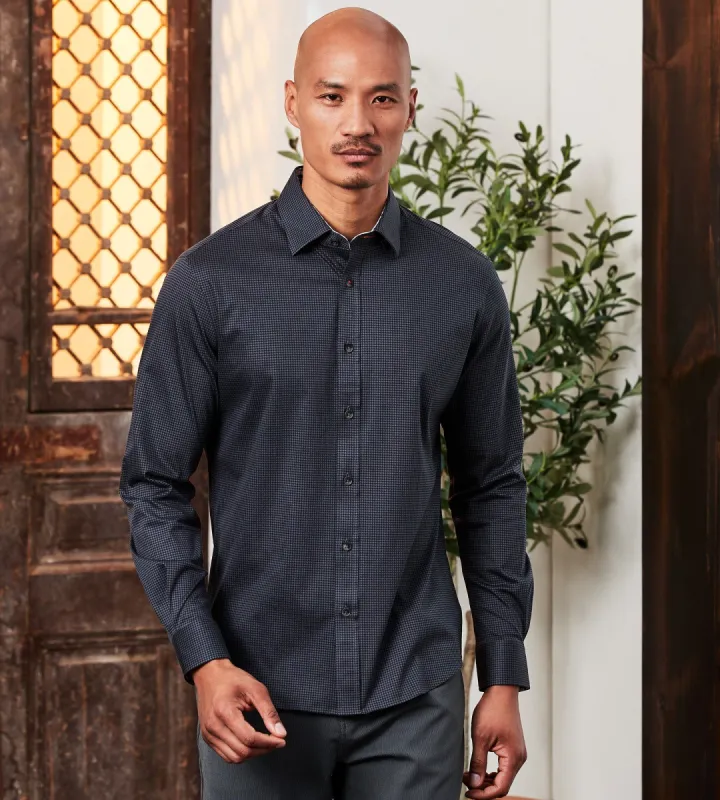 Modern Fit Long Sleeve 360° Stretch Houndstooth Textured Print Sport Shirt sold by Tip Top