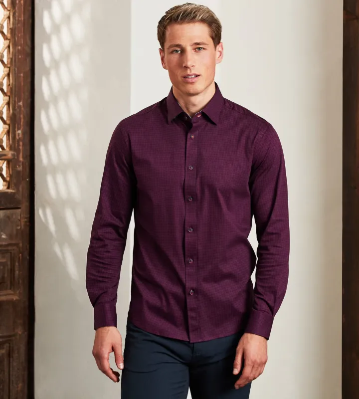 Modern Fit Long Sleeve 360° Stretch Houndstooth Textured Print Sport Shirt sold by Tip Top