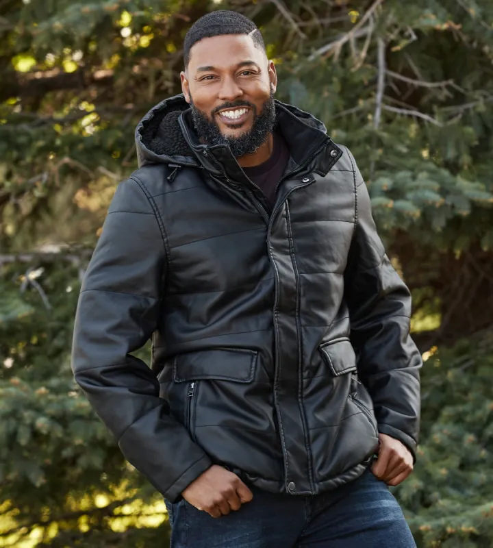 Modern Fit Quilted Vegan Leather Jacket with Removable Hood sold by Tip Top
