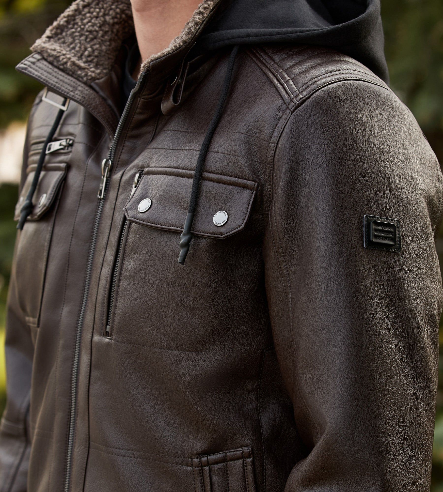 Modern Fit Vegan Leather Jacket With Hood sold by Tip Top product image thumbnail 4