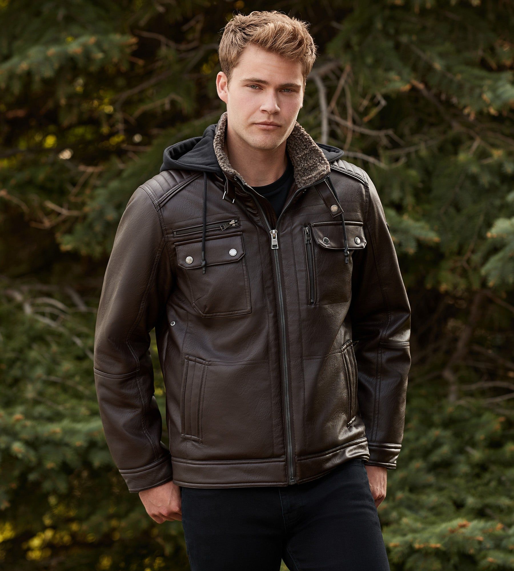 Modern Fit Vegan Leather Jacket With Hood sold by Tip Top