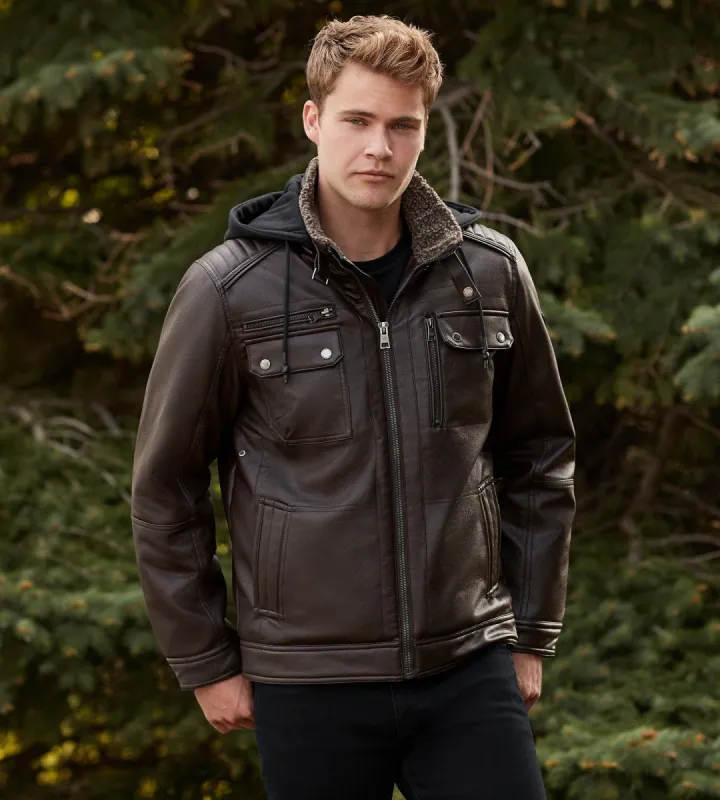 Modern Fit Vegan Leather Jacket With Hood sold by Tip Top