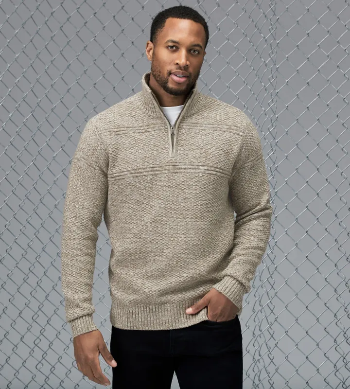Modern Fit Textured Jacquard Quarter-Zip Mock Neck Sweater made by Projek Raw