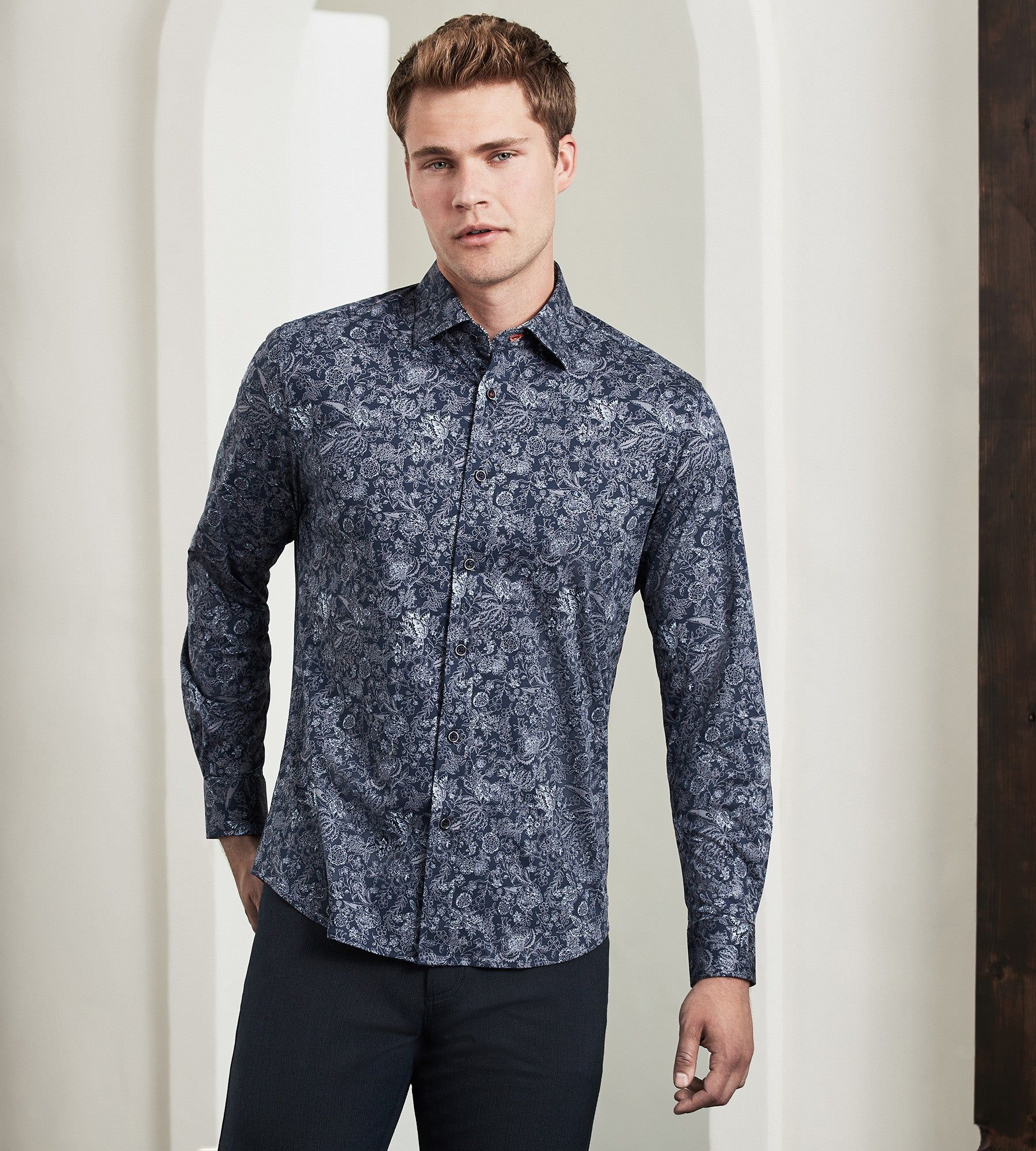 Modern Fit Long Sleeve 360° Stretch Floral Print Sport Shirt sold by Tip Top