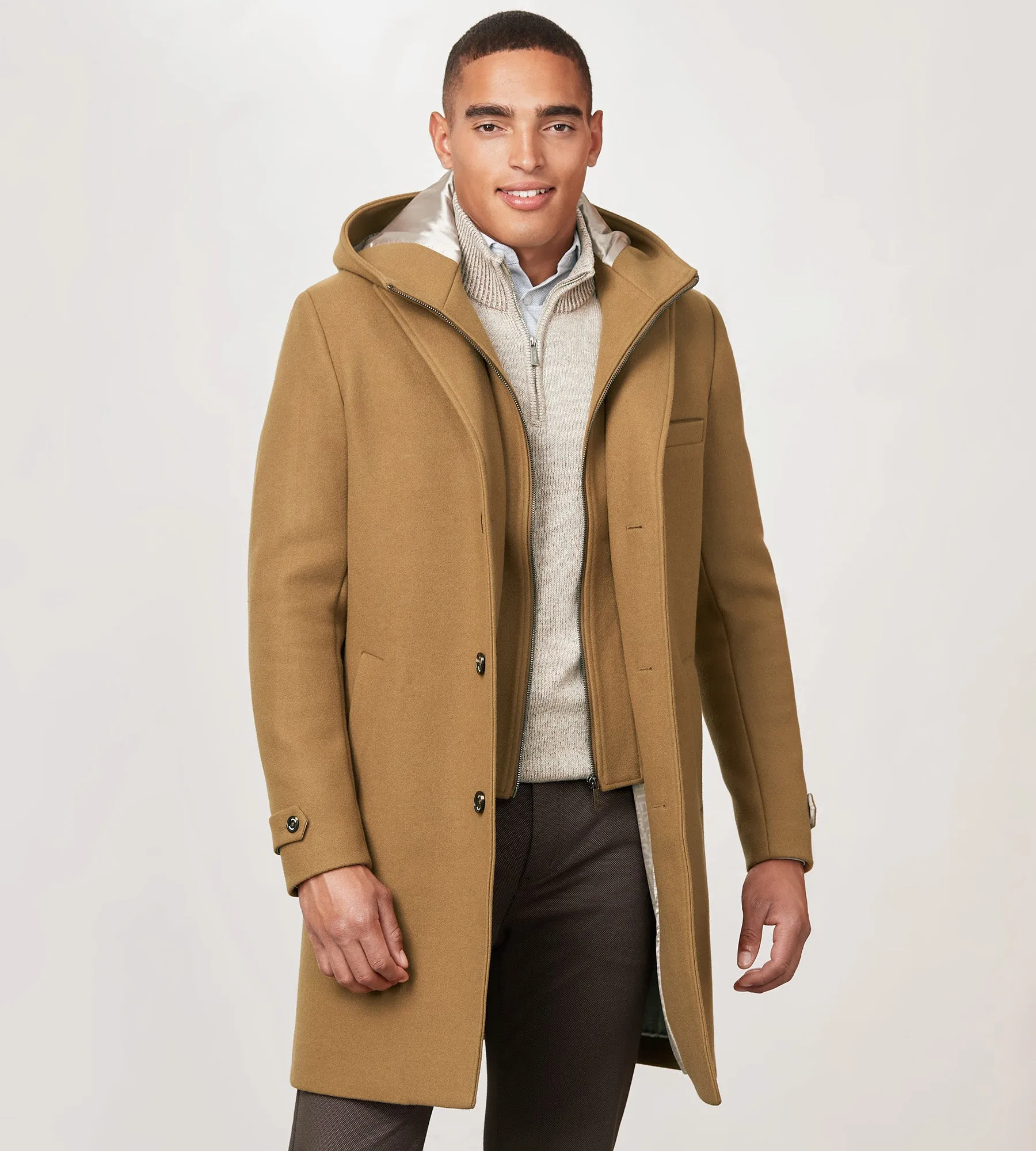 Modern Fit 4-Way Stretch Wool Coat with Removable Hood sold by Tip Top