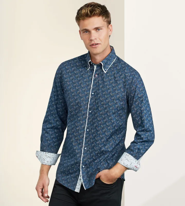 Modern Fit Long Sleeve Double-Collar Geo Print Sport Shirt sold by Tip Top
