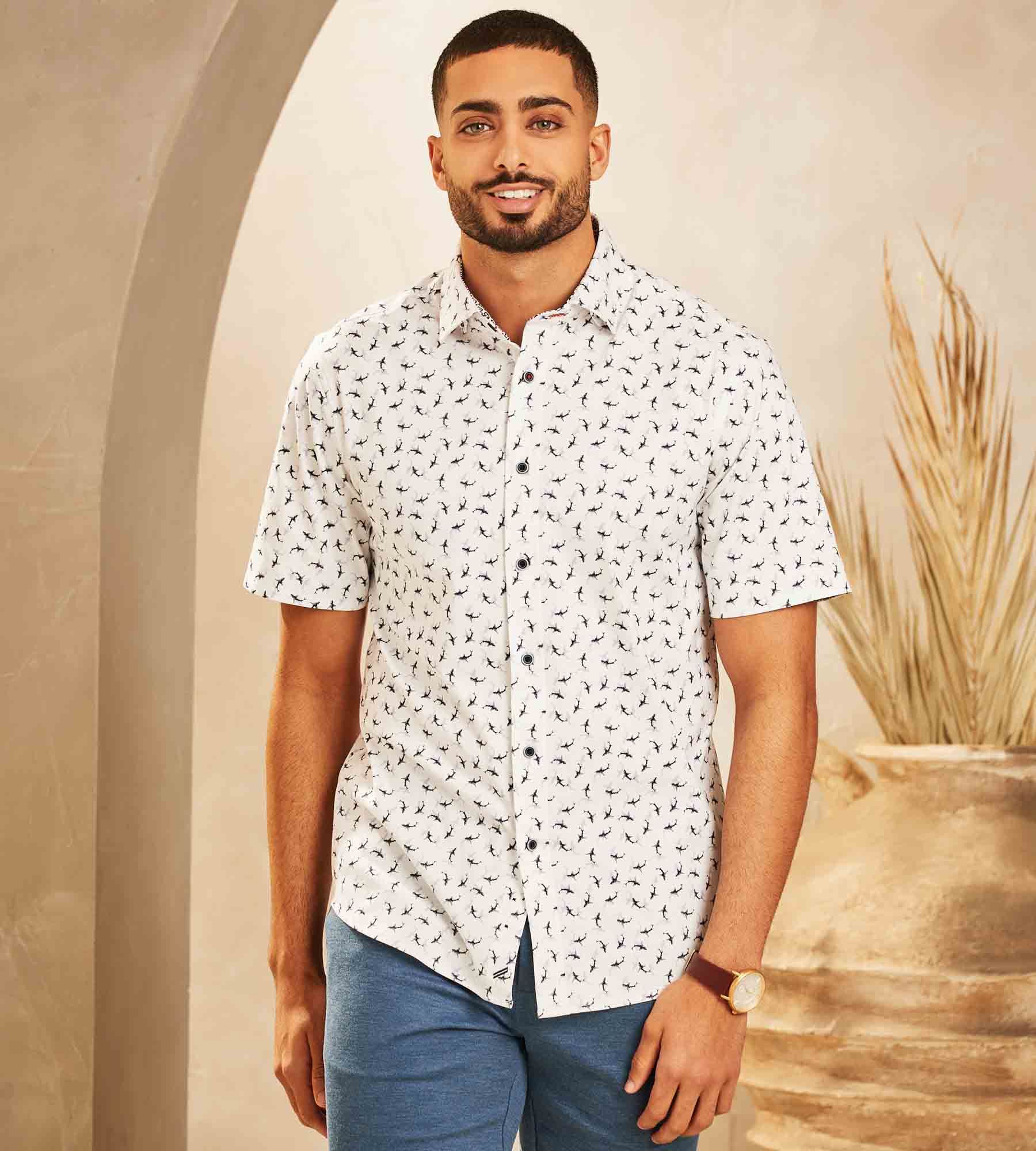 Modern Fit Short-Sleeve Whale Print 360° Stretch Soft Touch Sport Shirt sold by Tip Top